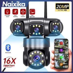 20MP WiFi IP กล้องสี่เลนส์สี่หน้าจอกล้อง PTZ กลางแจ้ง IP66 กันน้ํา Night Vision Two-Way Audio กล้องวงจรปิดความปลอดภัยกล้อง