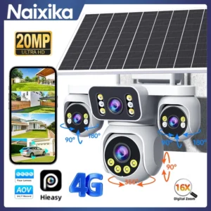 Hieasy APP ESIM 4G PTZ กล้องพลังงานแสงอาทิตย์ 20MP 4 เลนส์ 4 หน้าจอ 16X ซูม 15W Dual Panel True Wire-Free IP66 กันน้ําสี Night Vision กล้องวงจรปิดกลางแจ้ง