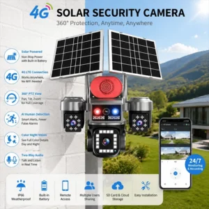 4G พลังงานแสงอาทิตย์ IP กล้องวงจรปิด Hiseay APP AOV 20MP 4 เลนส์ 15W แผงพลังงานแสงอาทิตย์ 16000mAh แบตเตอรี่ IP66 กันน้ําสี Night Vision โกดังฟาร์มการเฝ้าระวัง