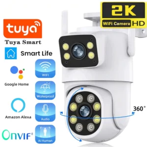 2K 4MP Tuya Dual เลนส์ WIFI กล้อง PTZ กลางแจ้ง Dual หน้าจอ Ai มนุษย์การติดตามอัตโนมัติกล้องรักษาความปลอดภัยการเฝ้าระวัง Alexa Google