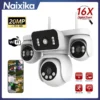 กล้องรักษาความปลอดภัย WiFi 10K 20MP 4 เลนส์ 4 หน้าจอ 360° PTZ 16X ซูมกันน้ําการเฝ้าระวังภายในบ้านกล้องวงจรปิดกลางแจ้ง Street Video Camera