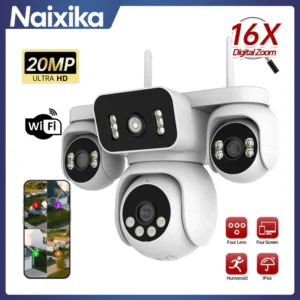 กล้องรักษาความปลอดภัย WiFi 10K 20MP 4 เลนส์ 4 หน้าจอ 360° PTZ 16X ซูมกันน้ําการเฝ้าระวังภายในบ้านกล้องวงจรปิดกลางแจ้ง Street Video Camera