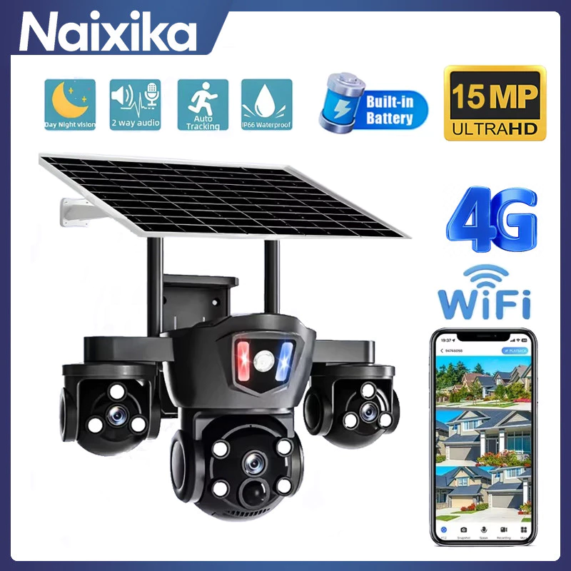 Naixika Triple เลนส์ 4G กล้องวงจรปิด HD 15MP กล้องพลังงานแสงอาทิตย์กลางแจ้งกันน้ํา V380 Pro กล้องติดตามมือถือ Night Vision ไฟนาฬิกาปลุก