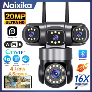 20MP 4 เลนส์ WiFi Security กล้อง 360 PTZ กลางแจ้งไร้สาย 16X ซูม 4 หน้าจอ HiEasy APP IR Night Vision การติดตามอัตโนมัติกล้องวงจรปิดกันน้ํา Cam